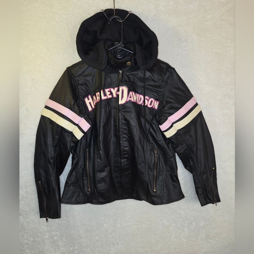 Ladies Harley Davidson PINK Embroidered Leather Riding Hooded sz XL-See Desc.